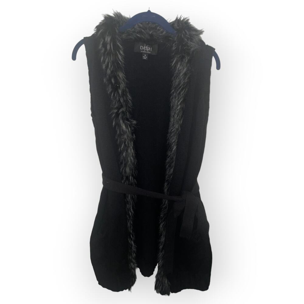 Dash by Kardashian Faux fur trimmed belted sweater black vest SzM EUC